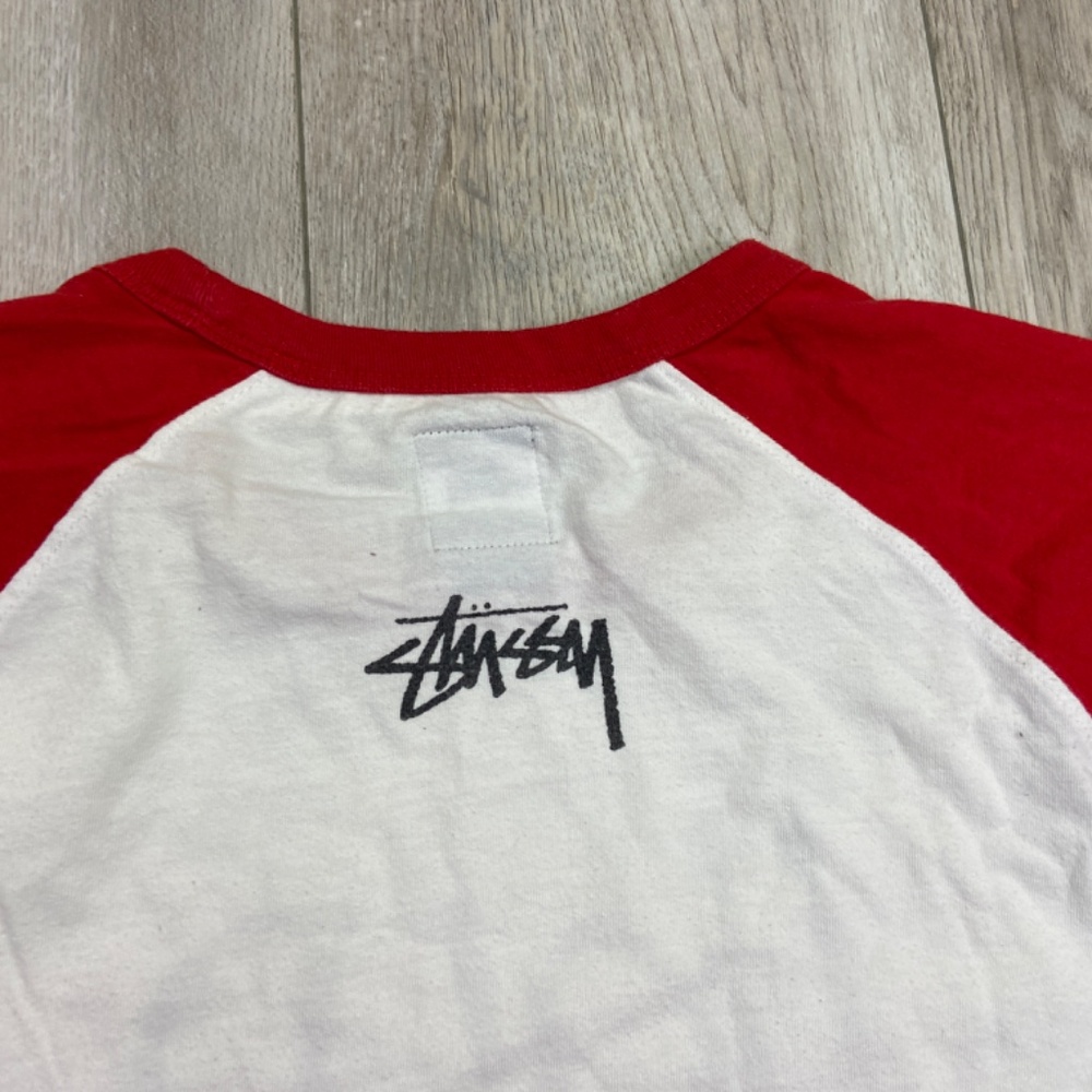 VINTAGE Stussy Raglan T-Shirt Men's Medium Red White Baseball 3/4 Sleeve Crown - Picture 14 of 16